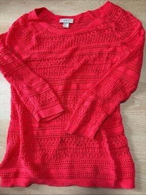 LOFT Open-Knit Scoop Neck Sweater in Bright Coral